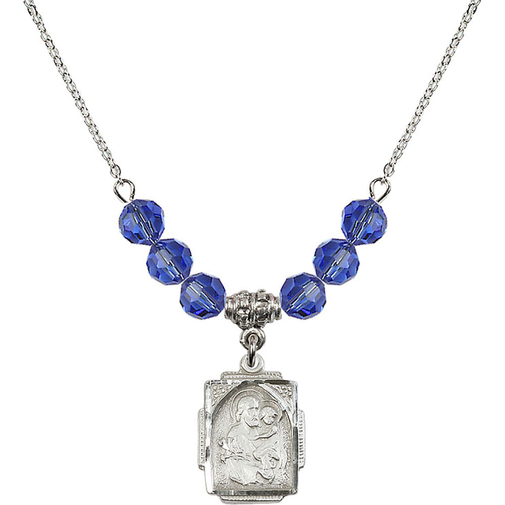 Sterling Silver Saint Joseph Birthstone Necklace with Sapphire Beads - 0804