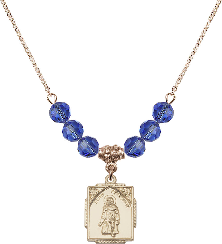 14kt Gold Filled Saint Peregrine Birthstone Necklace with Sapphire Beads - 0804