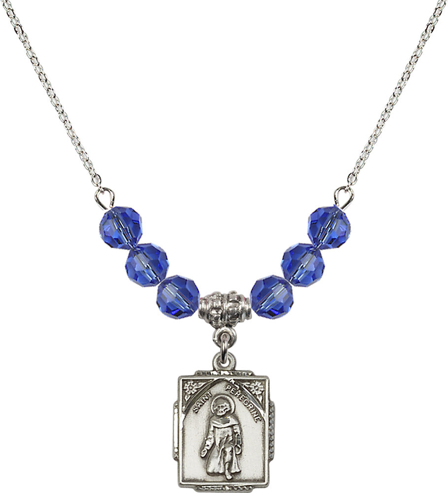 Sterling Silver Saint Peregrine Birthstone Necklace with Sapphire Beads - 0804