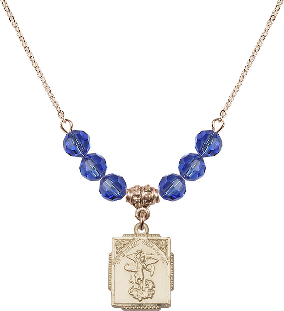 14kt Gold Filled Saint Michael the Archangel Birthstone Necklace with Sapphire Beads - 0804