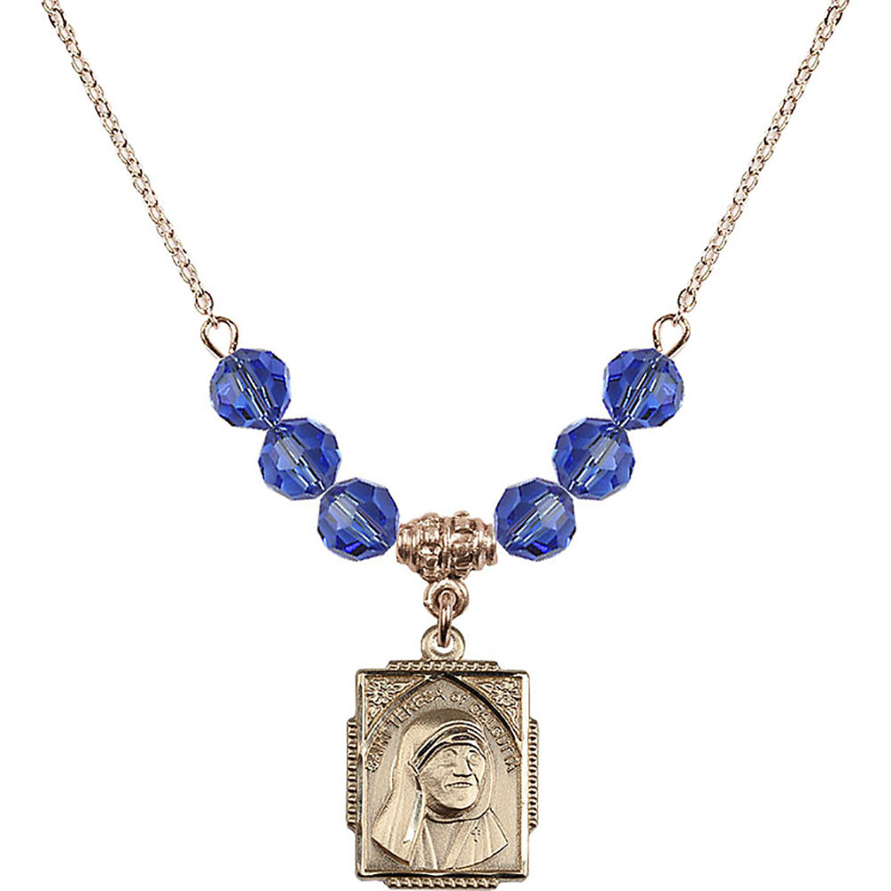 14kt Gold Filled Saint Teresa of Calcutta Birthstone Necklace with Sapphire Beads - 0804