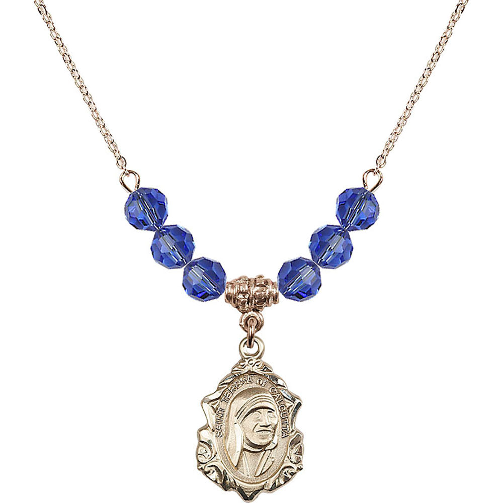 14kt Gold Filled Saint Teresa of Calcutta Birthstone Necklace with Sapphire Beads - 0812