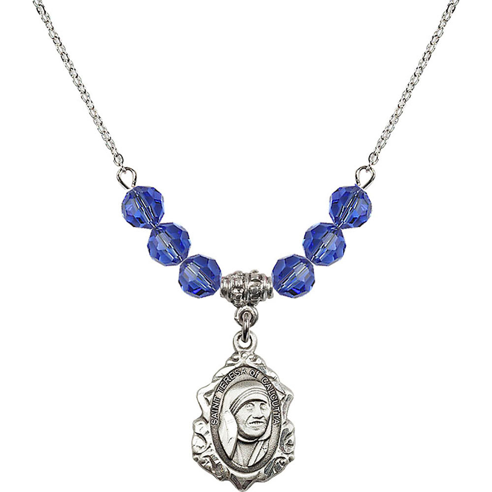 Sterling Silver Saint Teresa of Calcutta Birthstone Necklace with Sapphire Beads - 0812