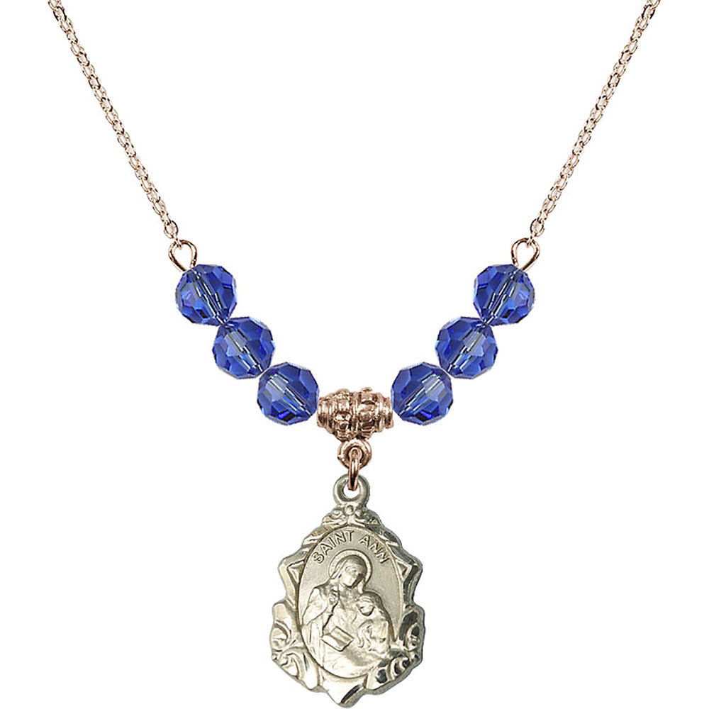 14kt Gold Filled Saint Ann Birthstone Necklace with Sapphire Beads - 0822