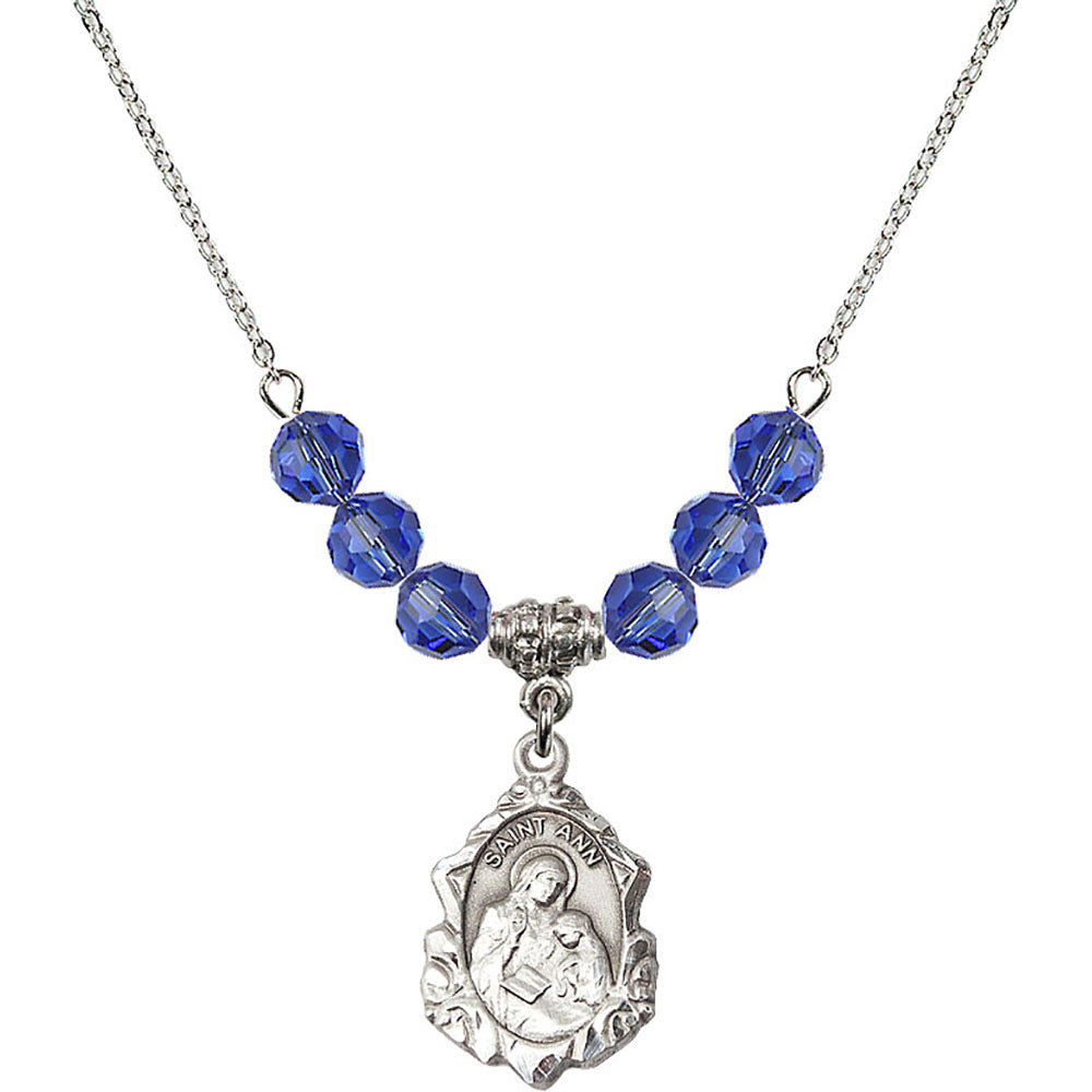 Sterling Silver Saint Ann Birthstone Necklace with Sapphire Beads - 0822