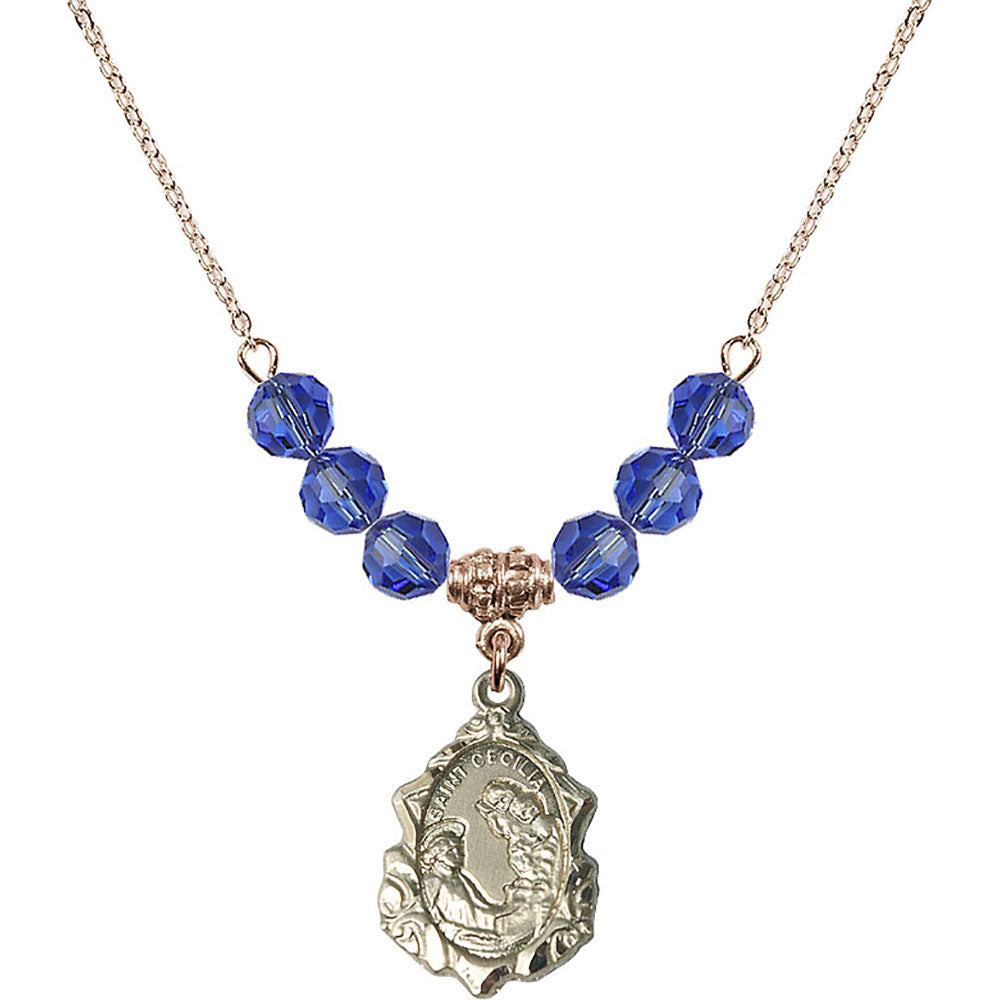 14kt Gold Filled Saint Cecilia Birthstone Necklace with Sapphire Beads - 0822