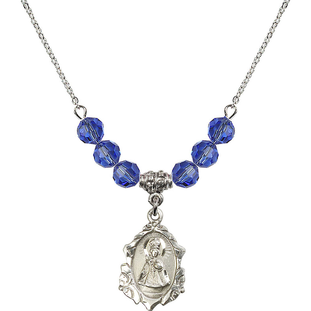 Sterling Silver Infant of Prague Birthstone Necklace with Sapphire Beads - 0822