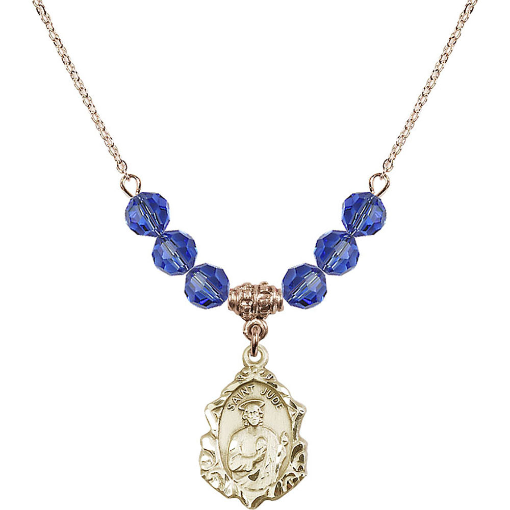 14kt Gold Filled Saint Jude Birthstone Necklace with Sapphire Beads - 0822