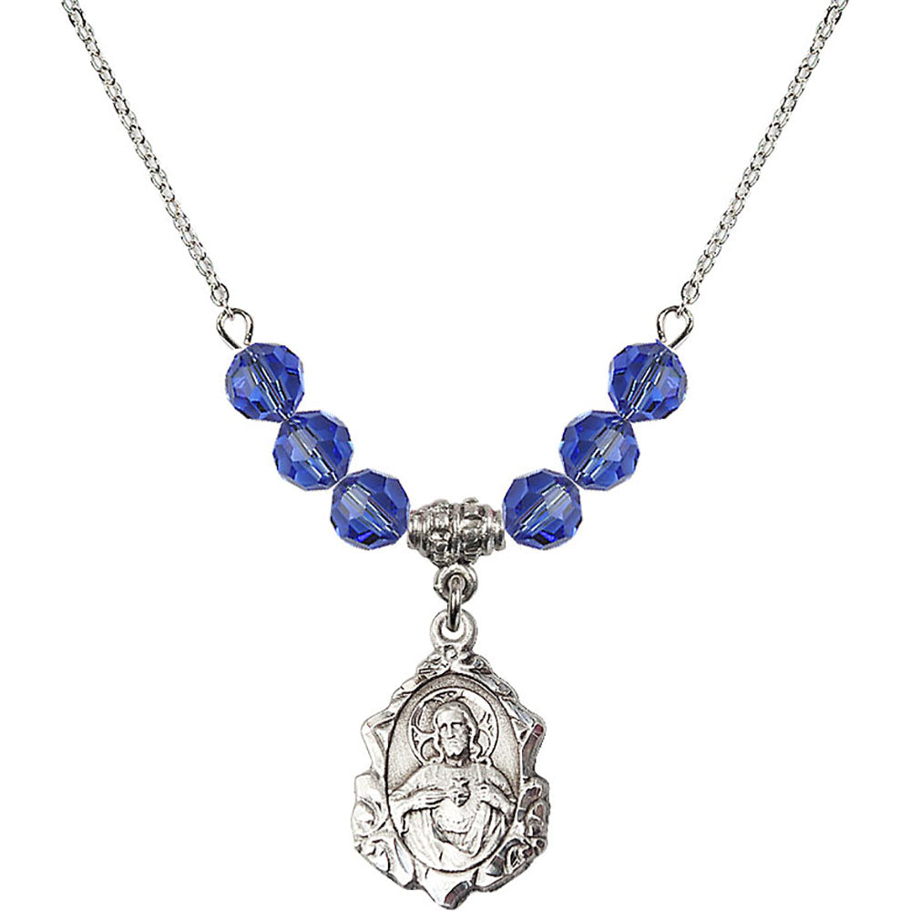 Sterling Silver Scapular Birthstone Necklace with Sapphire Beads - 0822
