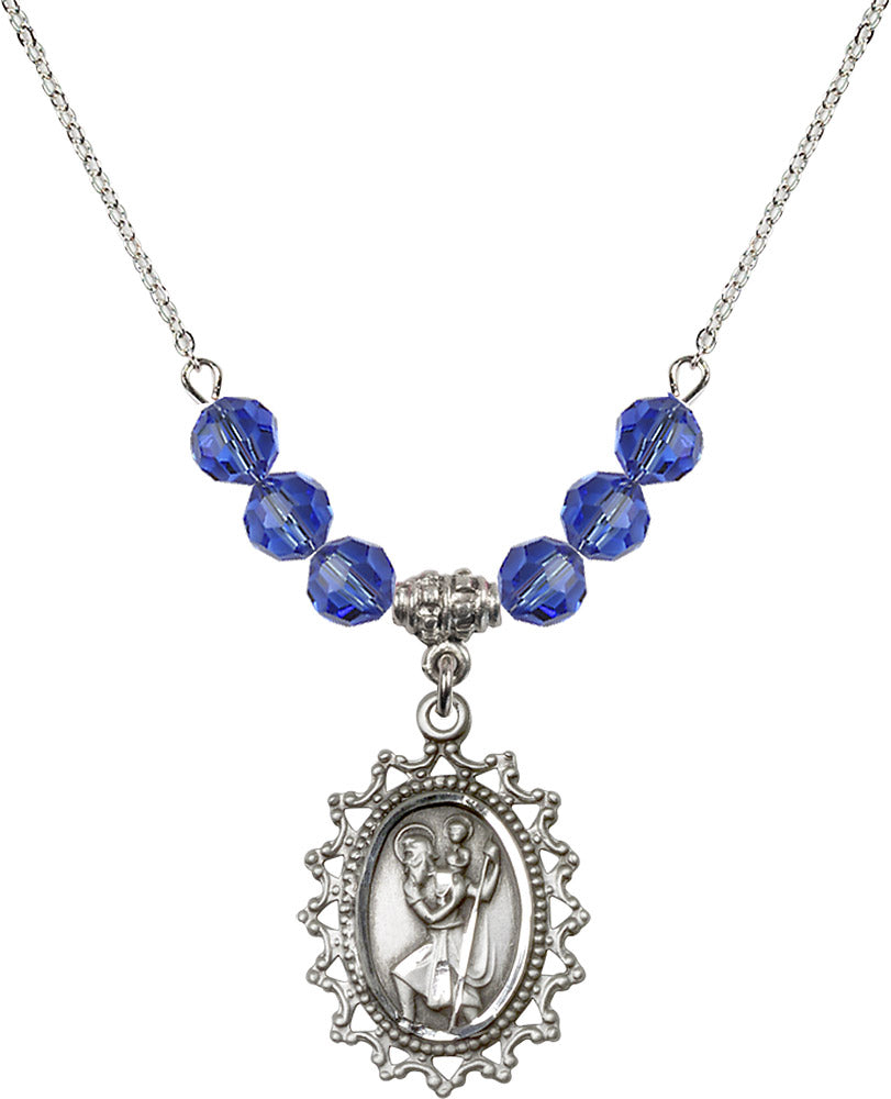 Sterling Silver Saint Christopher Birthstone Necklace with Sapphire Beads - 1619
