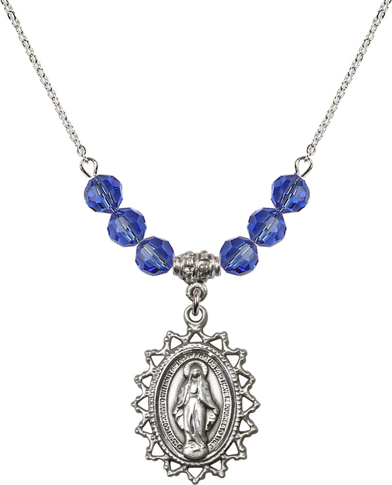 Sterling Silver Miraculous Birthstone Necklace with Sapphire Beads - 1619