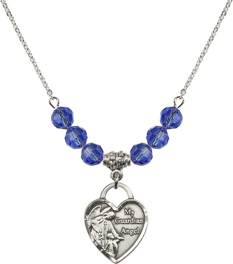 Sterling Silver Guardian Angel Heart Birthstone Necklace with Sapphire Beads - 3202