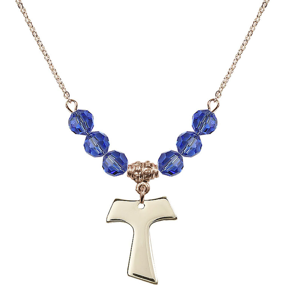 14kt Gold Filled Tau Cross Birthstone Necklace with Sapphire Beads - 3948