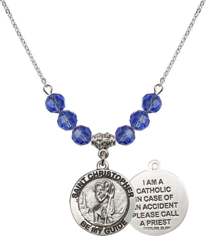 Sterling Silver Saint Christopher Birthstone Necklace with Sapphire Beads - 4049