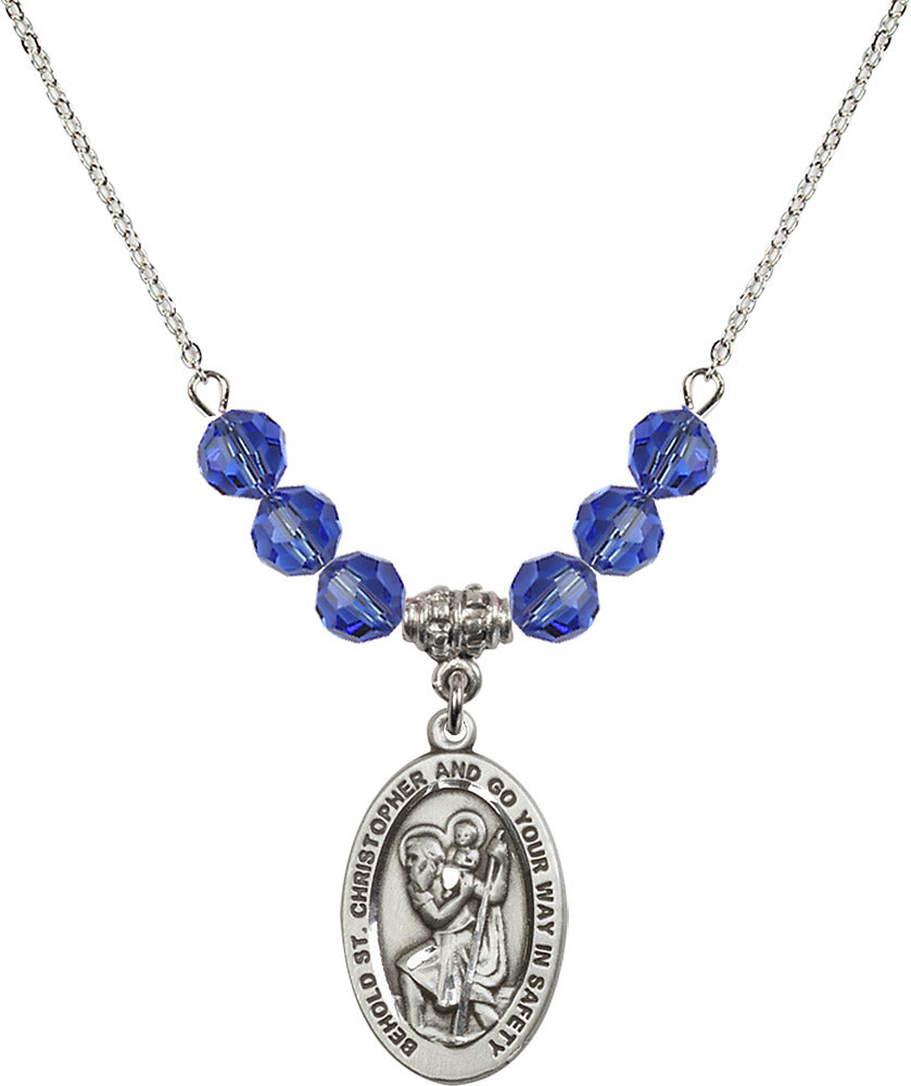 Sterling Silver Saint Christopher Birthstone Necklace with Sapphire Beads - 4123