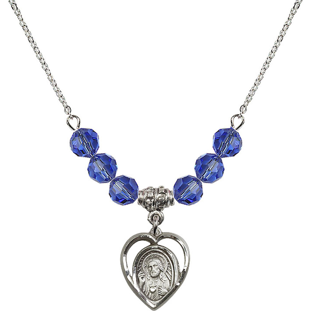 Sterling Silver Scapular Birthstone Necklace with Sapphire Beads - 4126