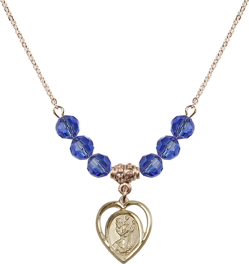 14kt Gold Filled Saint Christopher Birthstone Necklace with Sapphire Beads - 4127
