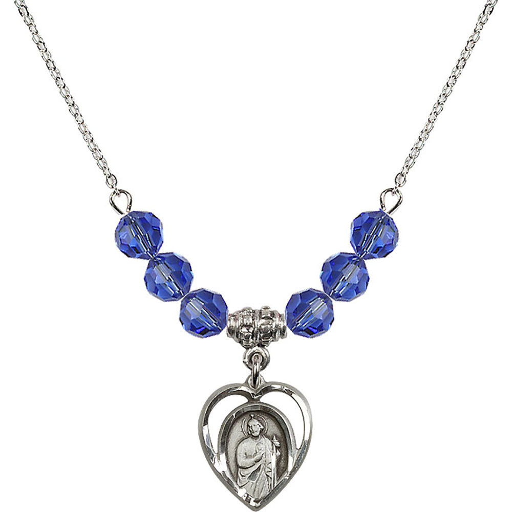 Sterling Silver Saint Jude Birthstone Necklace with Sapphire Beads - 4128