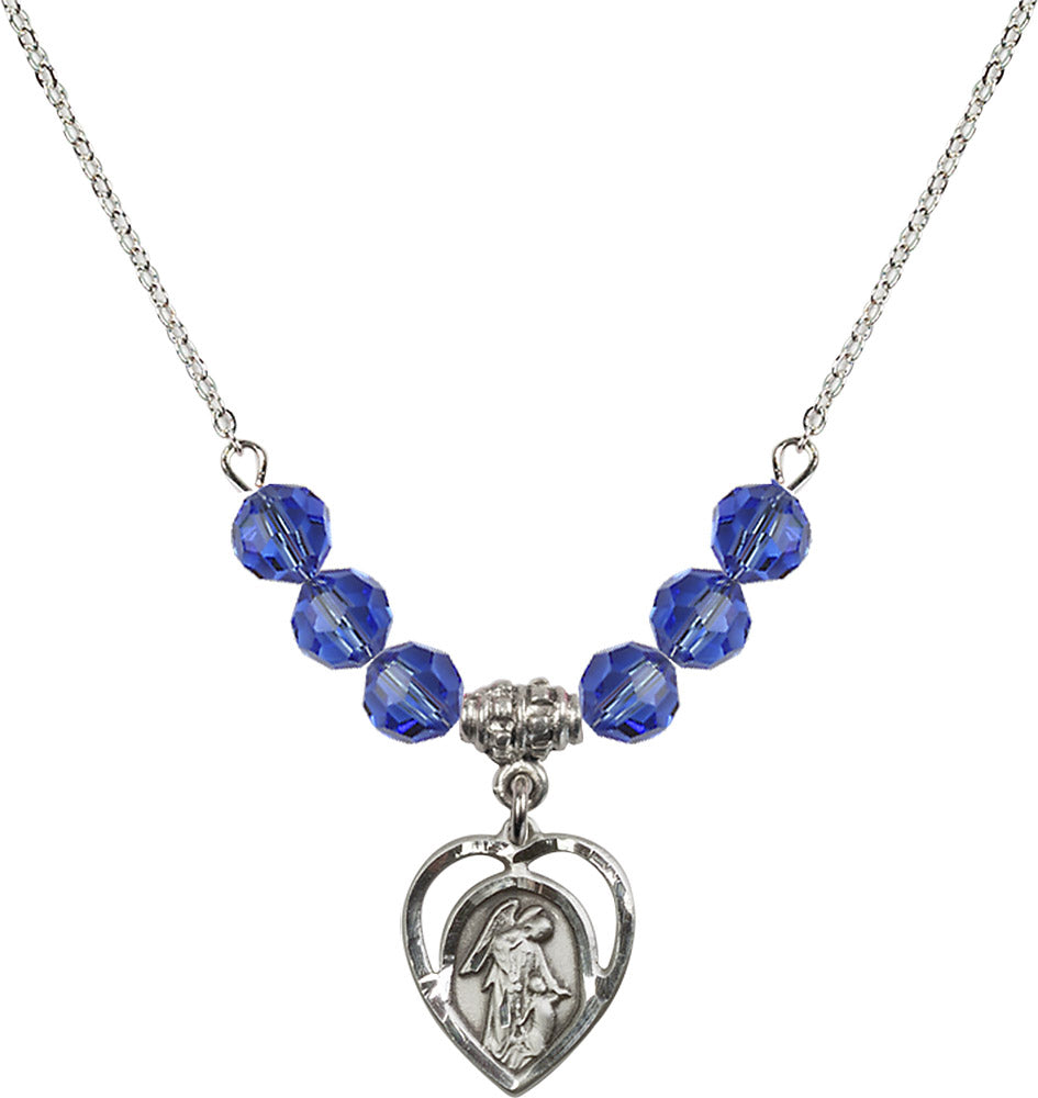 Sterling Silver Guardian Angel Birthstone Necklace with Sapphire Beads - 4129