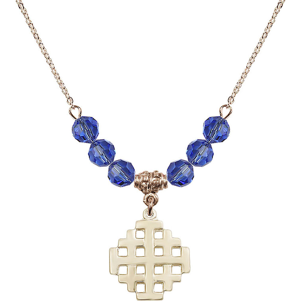 14kt Gold Filled Jerusalem Cross Birthstone Necklace with Sapphire Beads - 4139