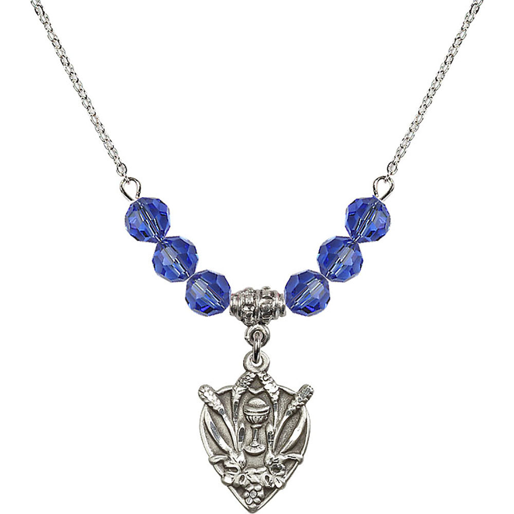 Sterling Silver Communion Birthstone Necklace with Sapphire Beads - 4200