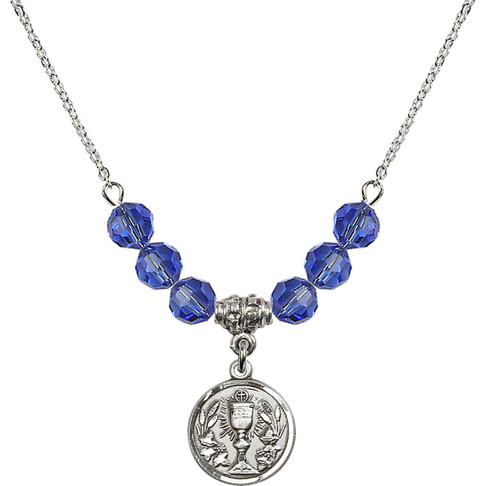 Sterling Silver Communion Chalice Birthstone Necklace with Sapphire Beads - 4203