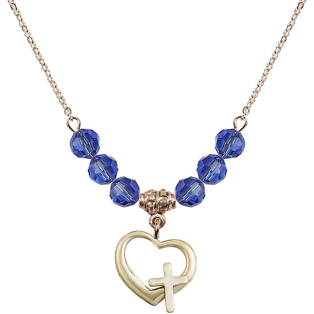 14kt Gold Filled Heart / Cross Birthstone Necklace with Sapphire Beads - 4207