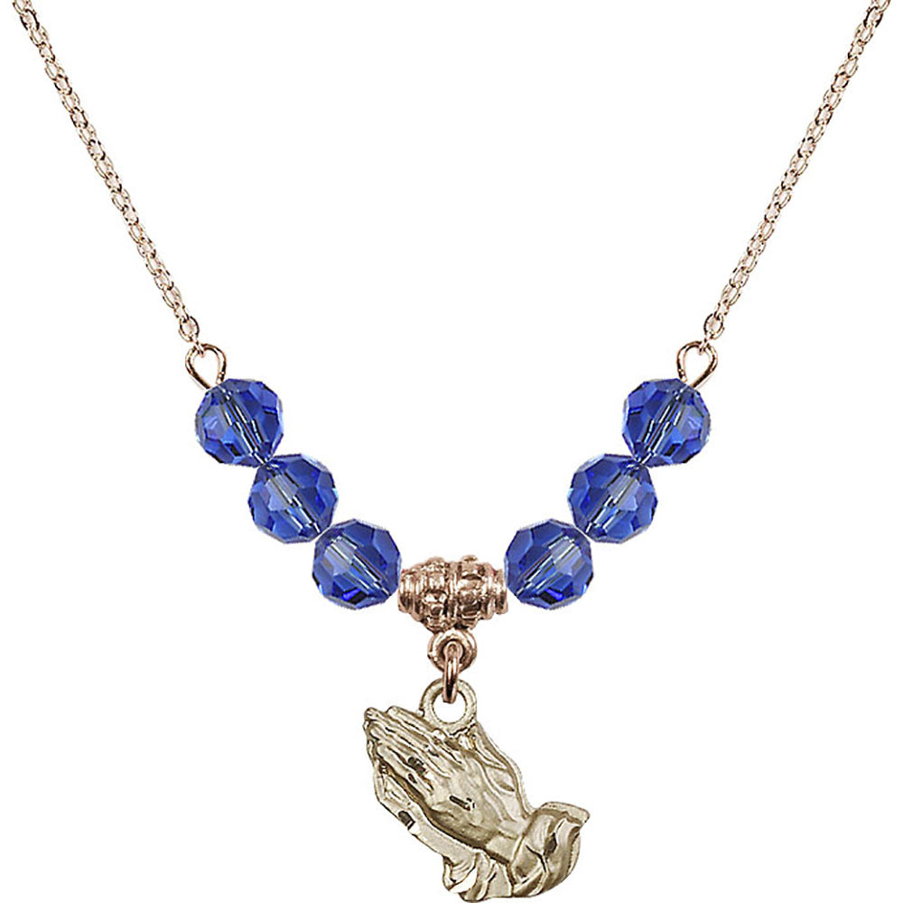 14kt Gold Filled Praying Hands Birthstone Necklace with Sapphire Beads - 4219