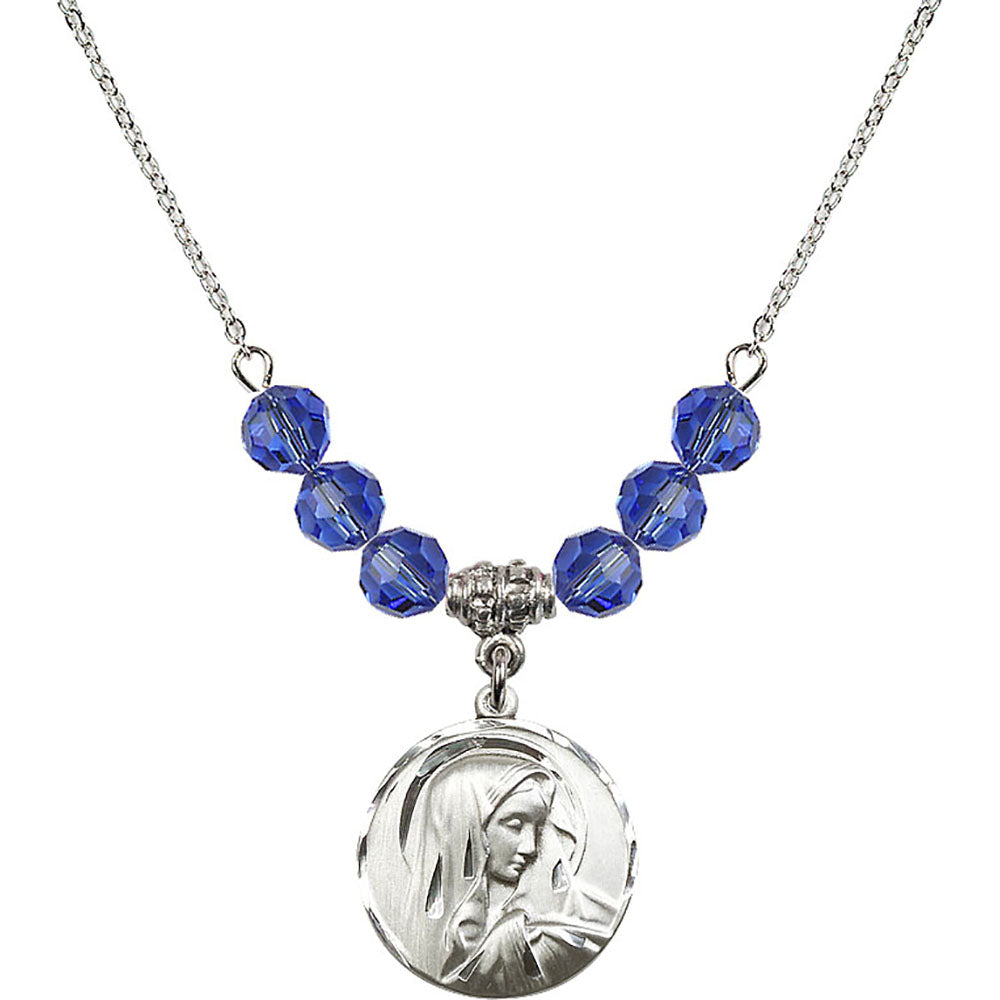 Sterling Silver Sorrowful Mother Birthstone Necklace with Sapphire Beads - 4249