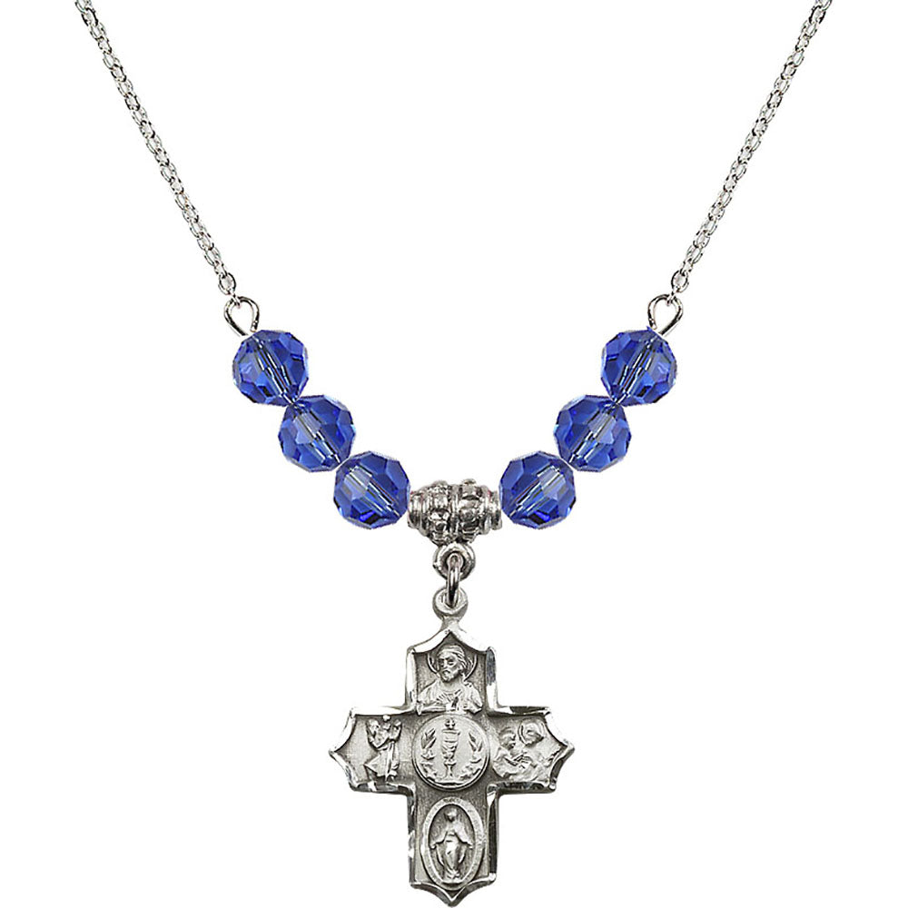 Sterling Silver 4-Way Birthstone Necklace with Sapphire Beads - 4256