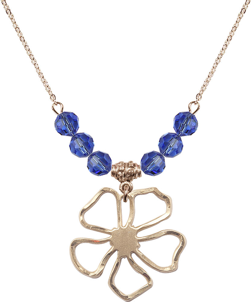 14kt Gold Filled Five Pedal Flower Birthstone Necklace with Sapphire Beads - 5109