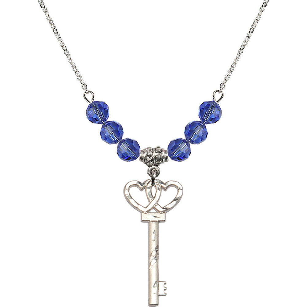 Sterling Silver Small Key w/Double Hearts Birthstone Necklace with Sapphire Beads - 6213