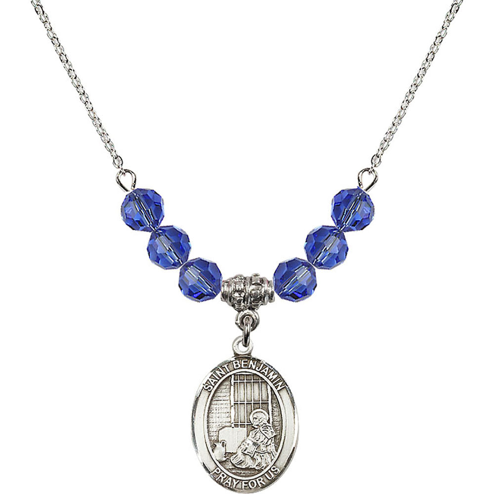 Sterling Silver Saint Benjamin Birthstone Necklace with Sapphire Beads - 8013