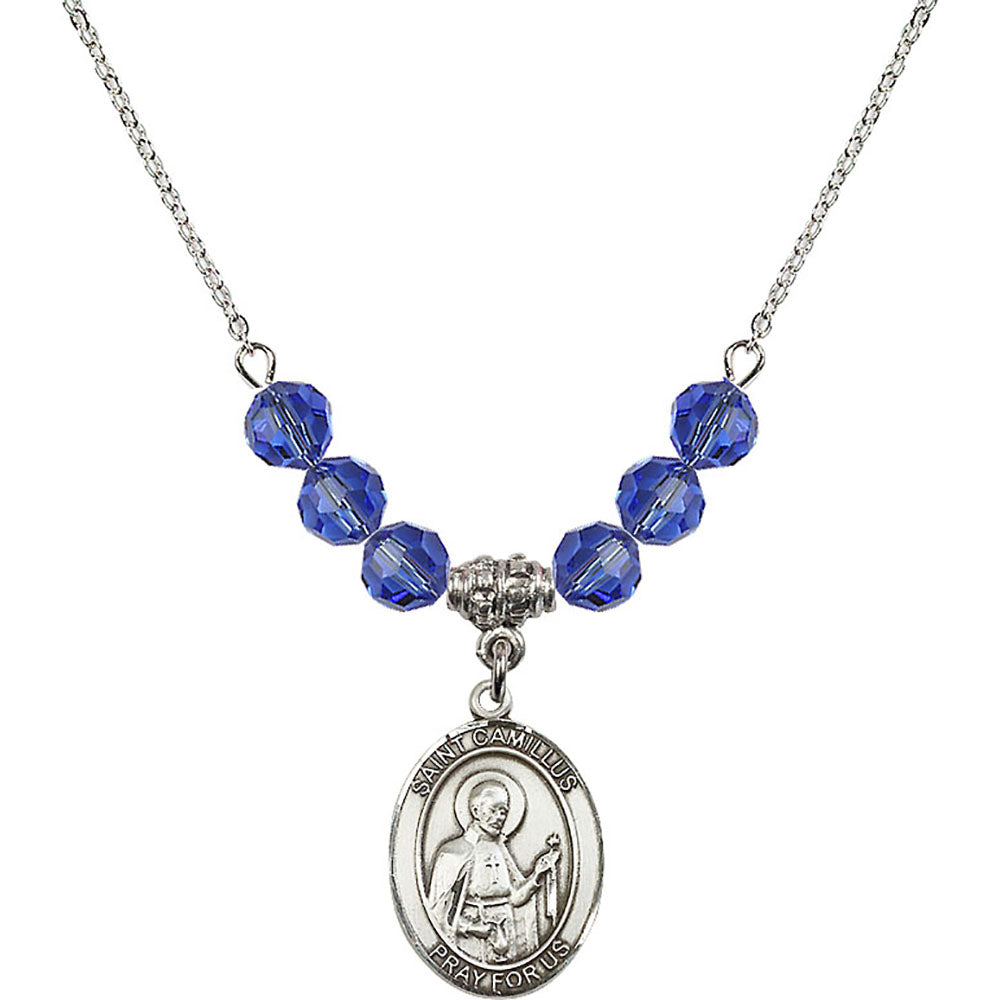Sterling Silver Saint Camillus of Lellis Birthstone Necklace with Sapphire Beads - 8019