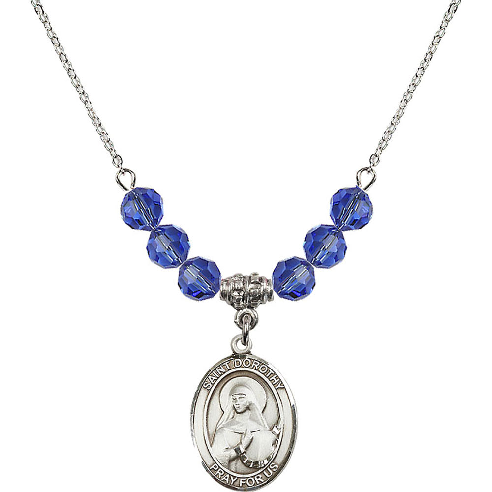 Sterling Silver Saint Dorothy Birthstone Necklace with Sapphire Beads - 8023