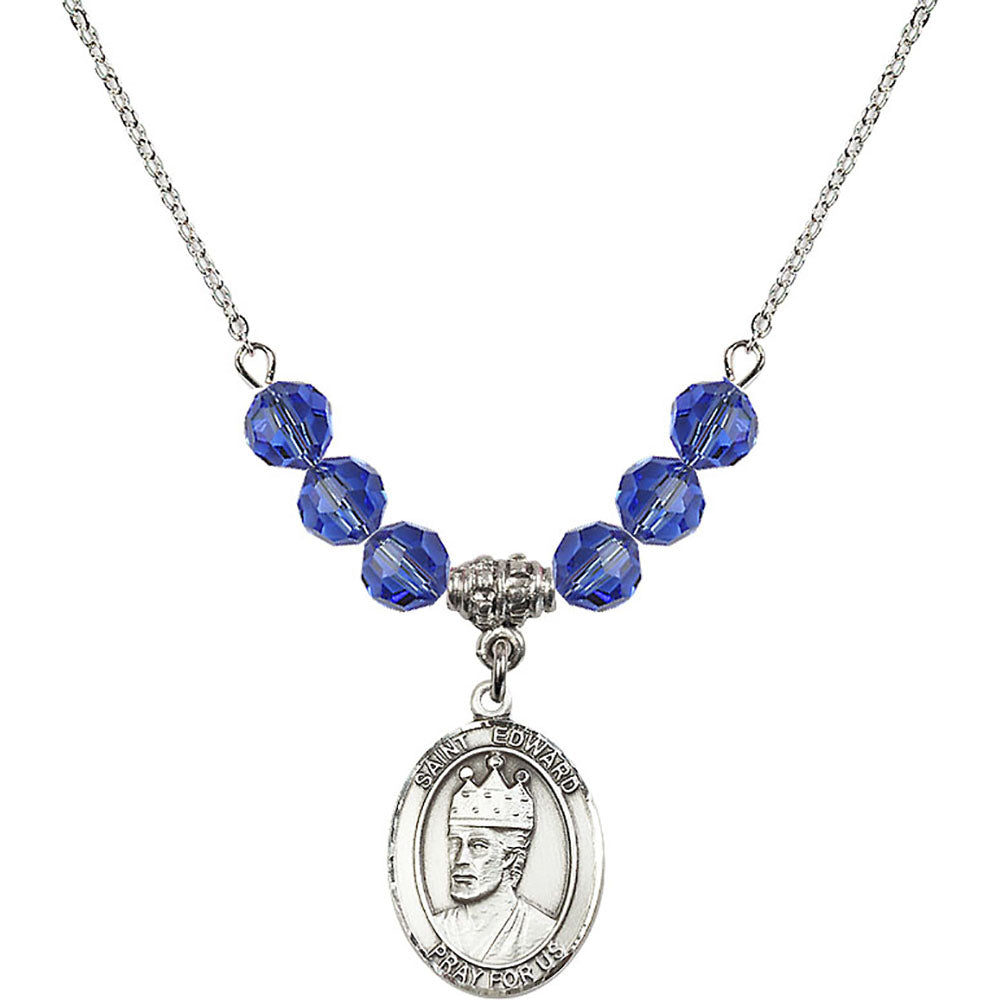 Sterling Silver Saint Edward the Confessor Birthstone Necklace with Sapphire Beads - 8026