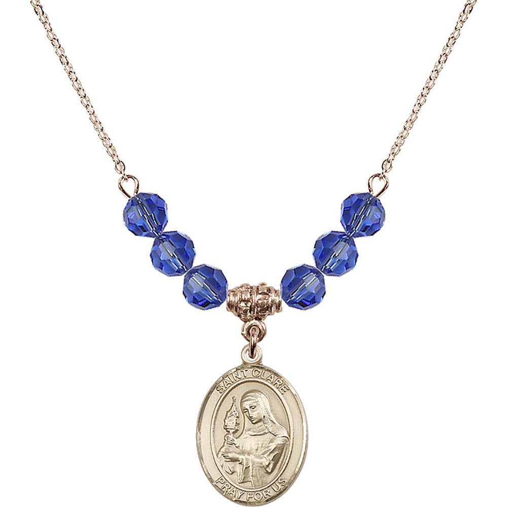 14kt Gold Filled Saint Clare of Assisi Birthstone Necklace with Sapphire Beads - 8028