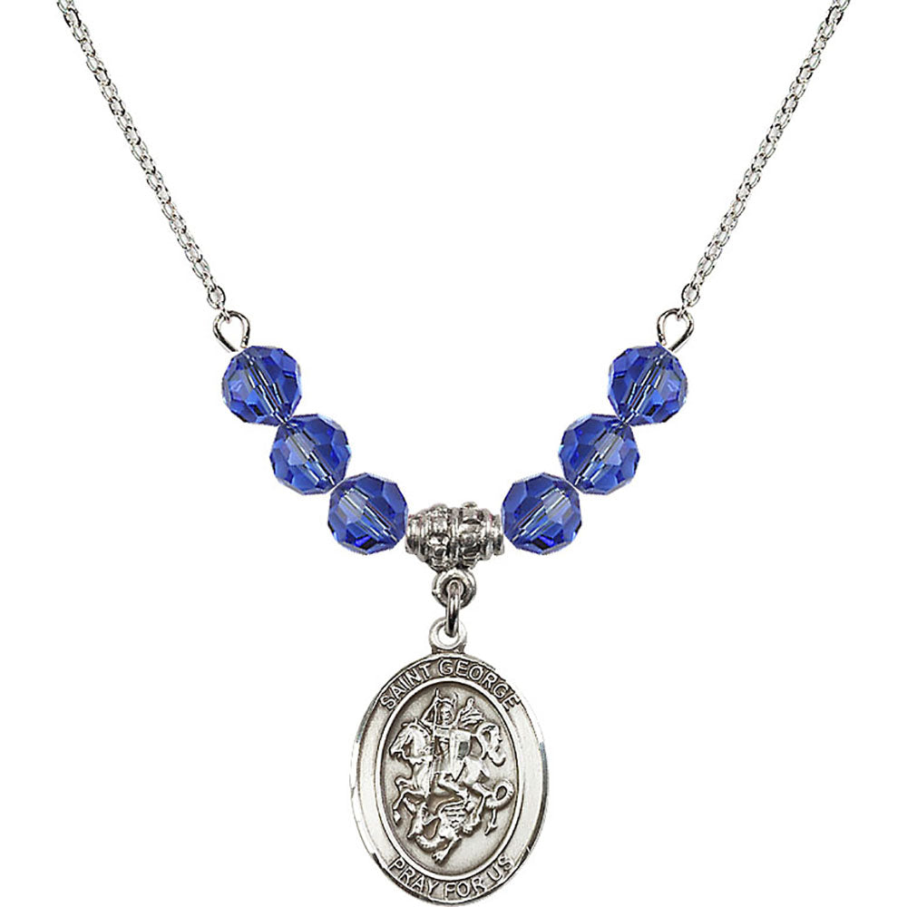 Sterling Silver Saint George Birthstone Necklace with Sapphire Beads - 8040