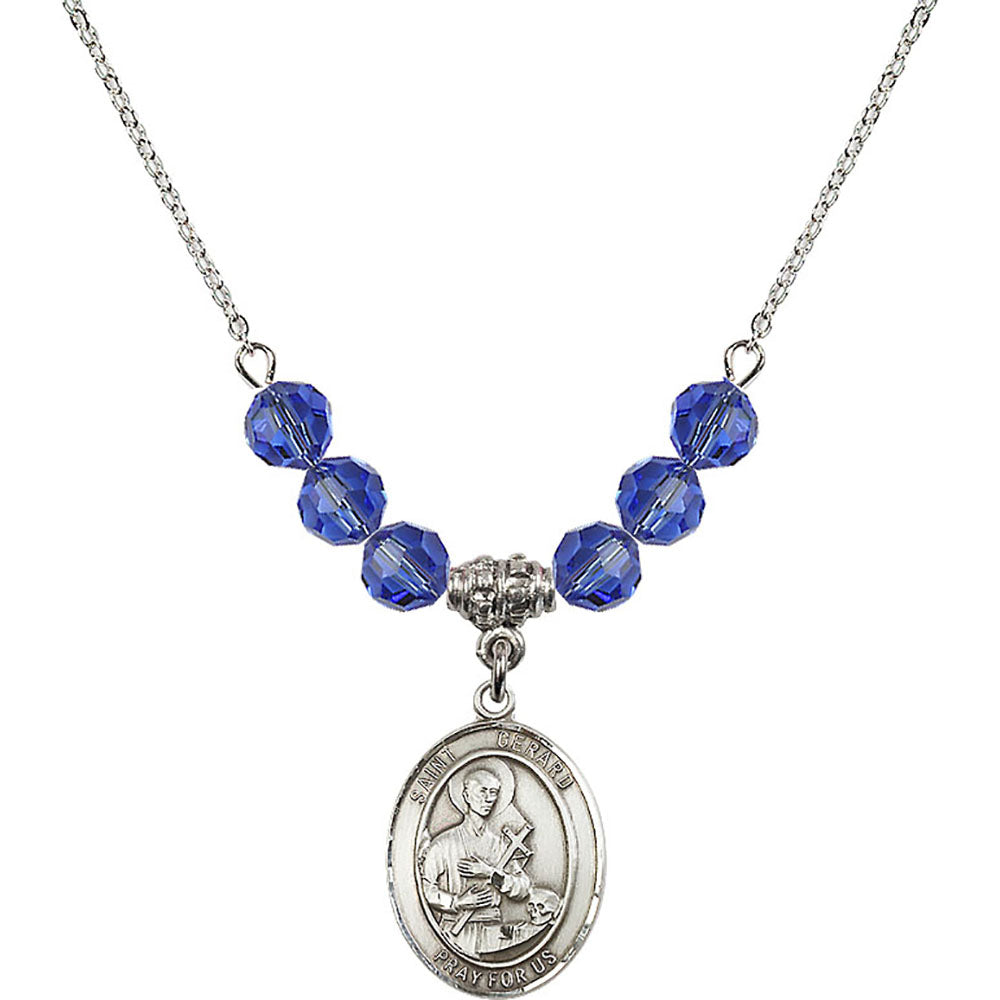 Sterling Silver Saint Gerard Majella Birthstone Necklace with Sapphire Beads - 8042