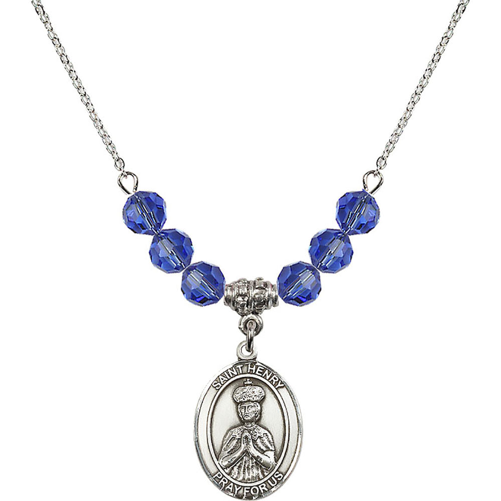 Sterling Silver Saint Henry II Birthstone Necklace with Sapphire Beads - 8046