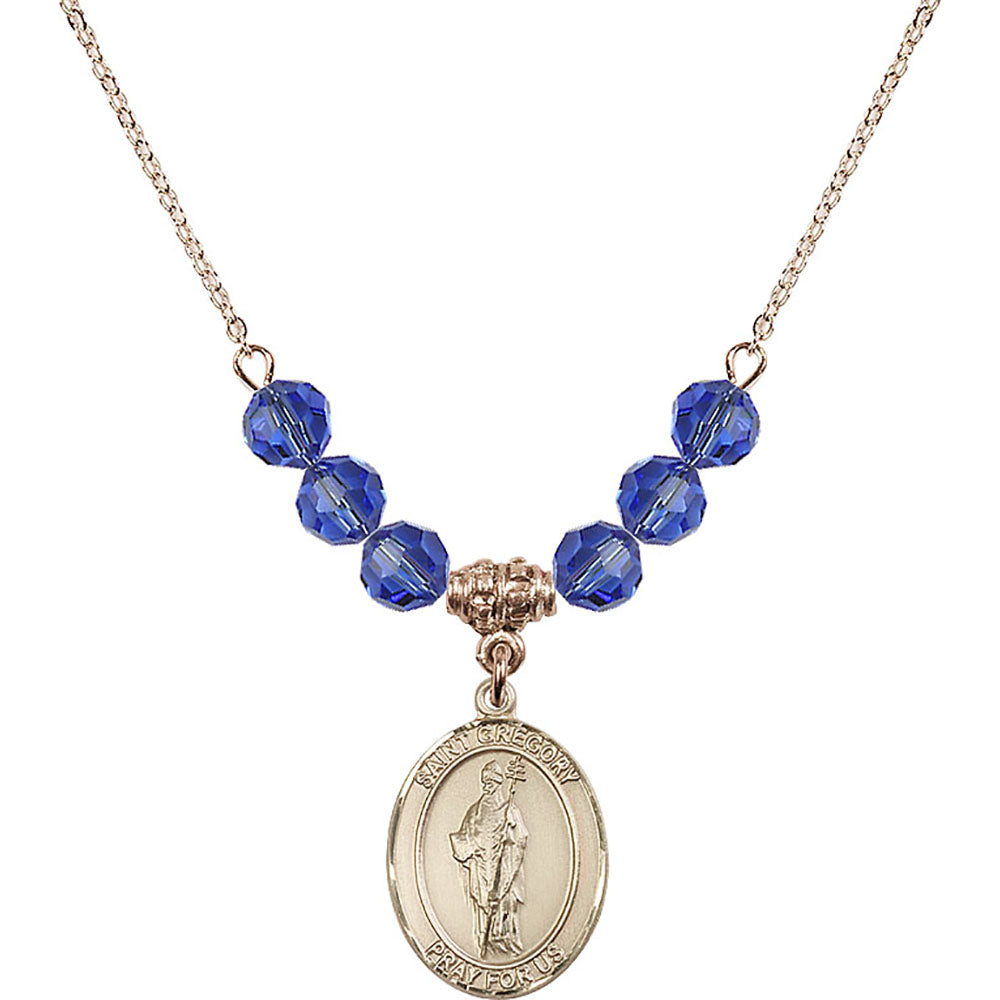14kt Gold Filled Saint Gregory the Great Birthstone Necklace with Sapphire Beads - 8048