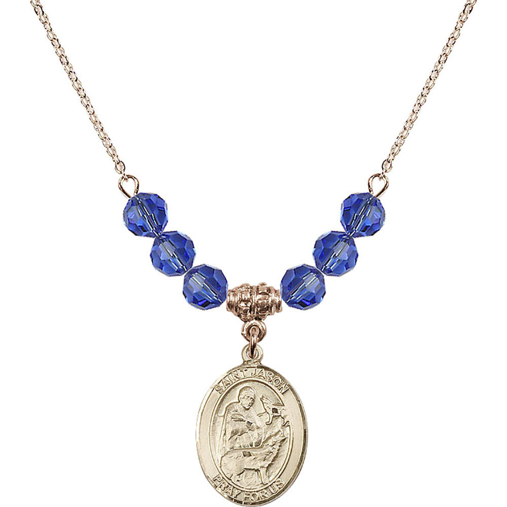 14kt Gold Filled Saint Jason Birthstone Necklace with Sapphire Beads - 8051