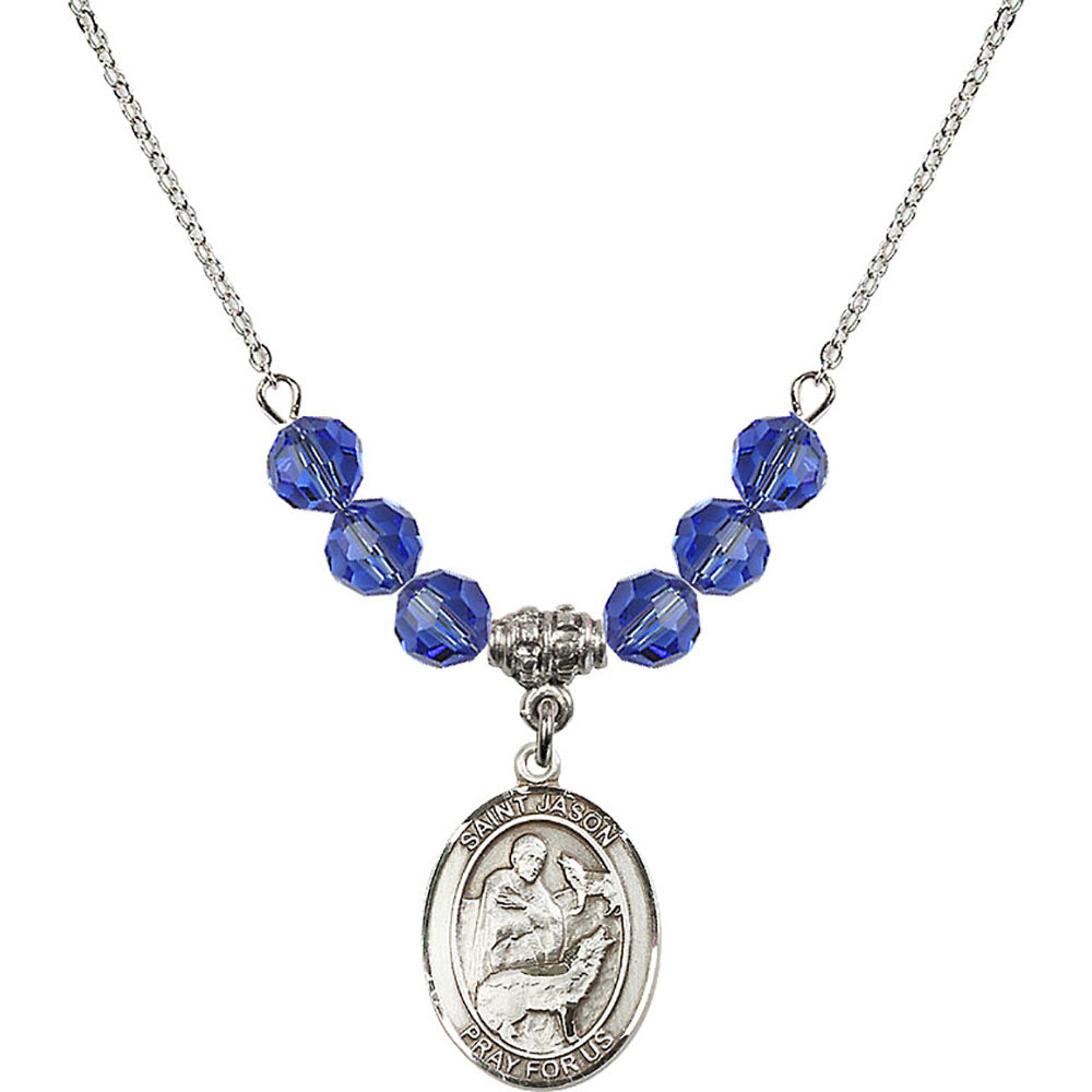 Sterling Silver Saint Jason Birthstone Necklace with Sapphire Beads - 8051