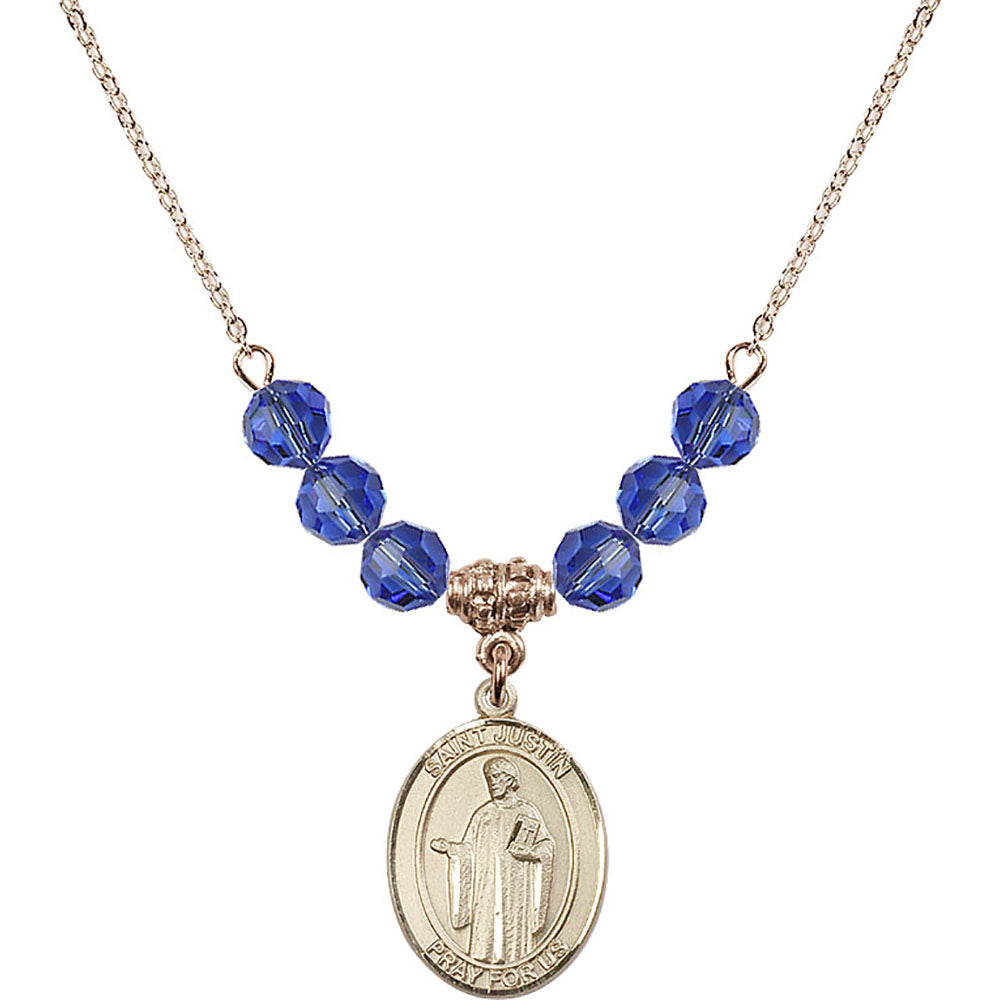 14kt Gold Filled Saint Justin Birthstone Necklace with Sapphire Beads - 8052