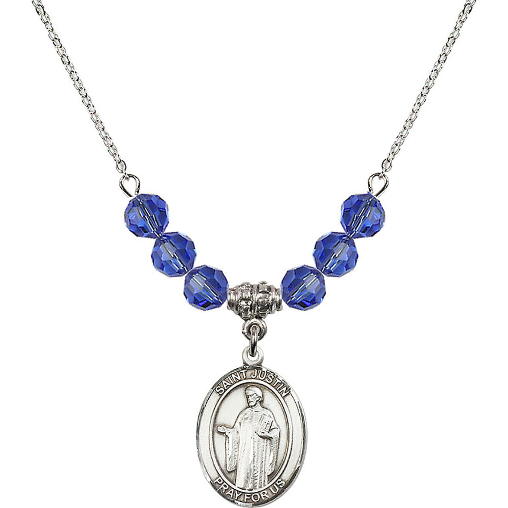 Sterling Silver Saint Justin Birthstone Necklace with Sapphire Beads - 8052
