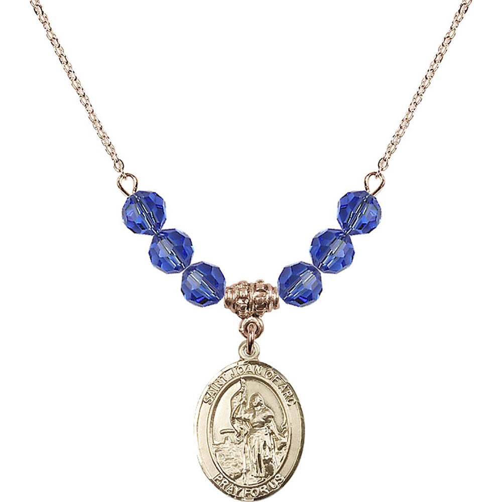 14kt Gold Filled Saint Joan of Arc Birthstone Necklace with Sapphire Beads - 8053