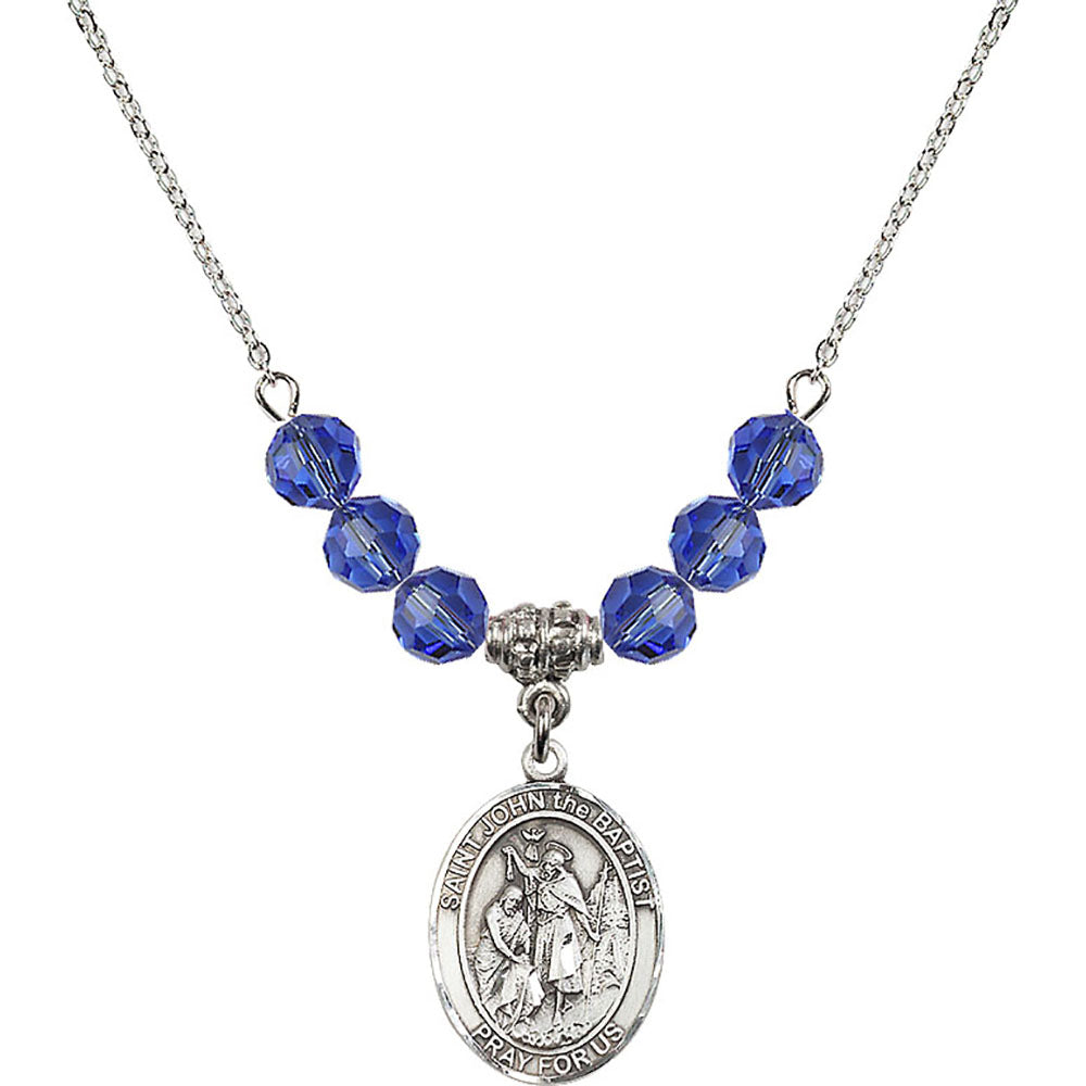 Sterling Silver Saint John the Baptist Birthstone Necklace with Sapphire Beads - 8054