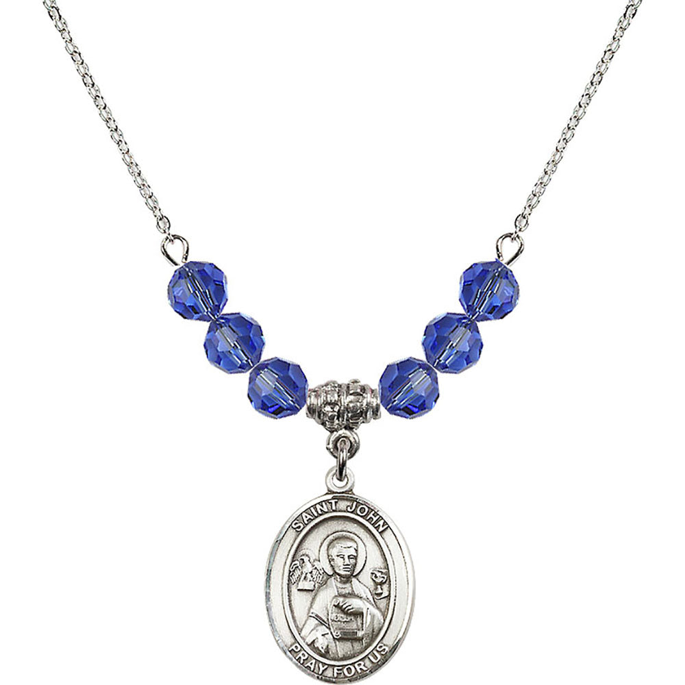 Sterling Silver Saint John the Apostle Birthstone Necklace with Sapphire Beads - 8056