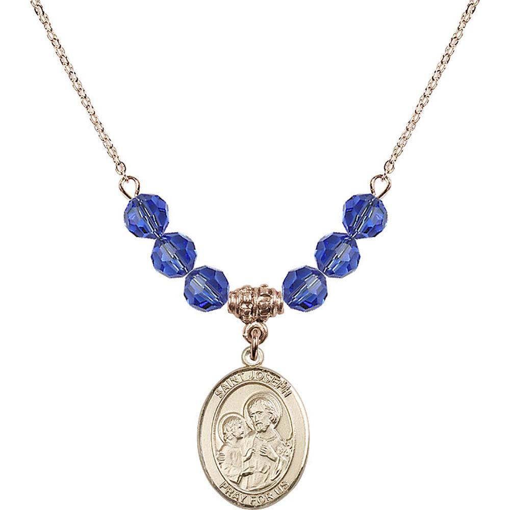 14kt Gold Filled Saint Joseph Birthstone Necklace with Sapphire Beads - 8058