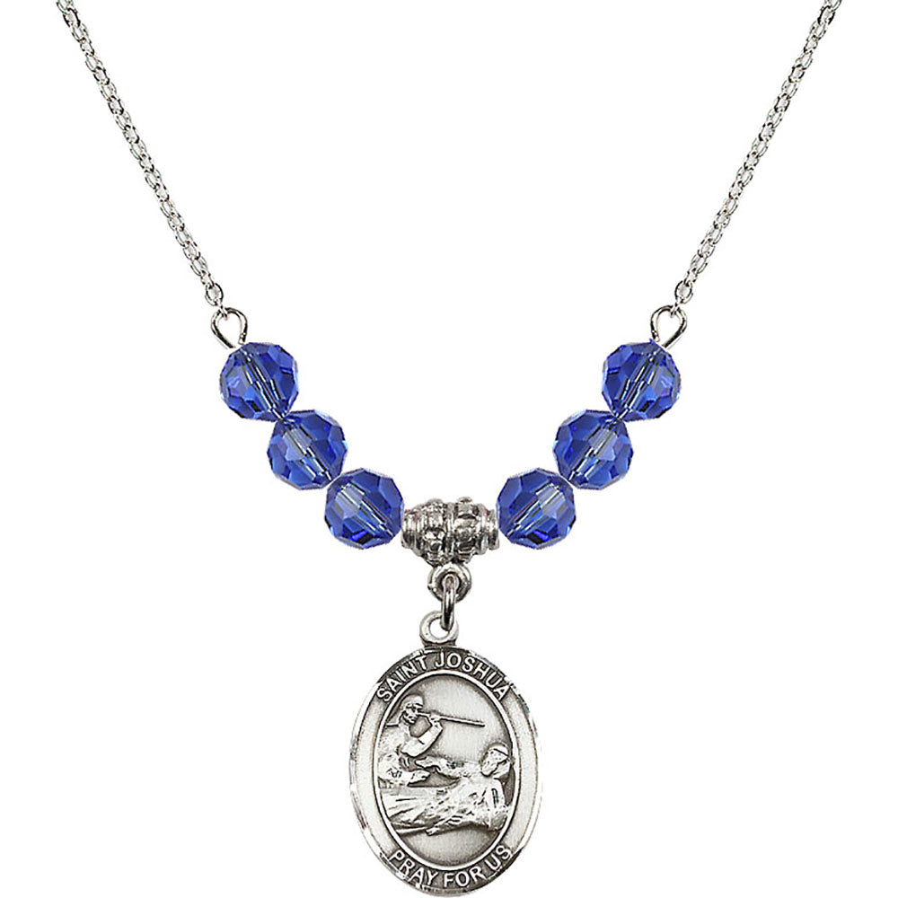 Sterling Silver Saint Joshua Birthstone Necklace with Sapphire Beads - 8059